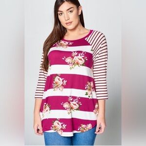 New!Plus Size Floral Striped 3/4 Sleeves Top Curved Hem Detail Sizes 1X 2X 3X